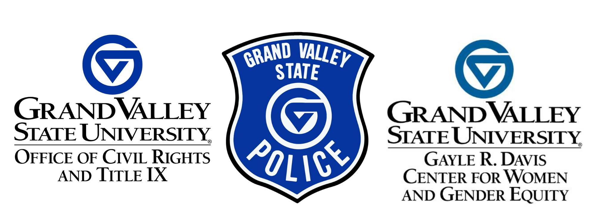 The logo of the GVSU Office of Civil Rights & Title IX, GVPD Shield, and the logo of the GVSU Center for Women and Gender Equity together in a horizontal line.